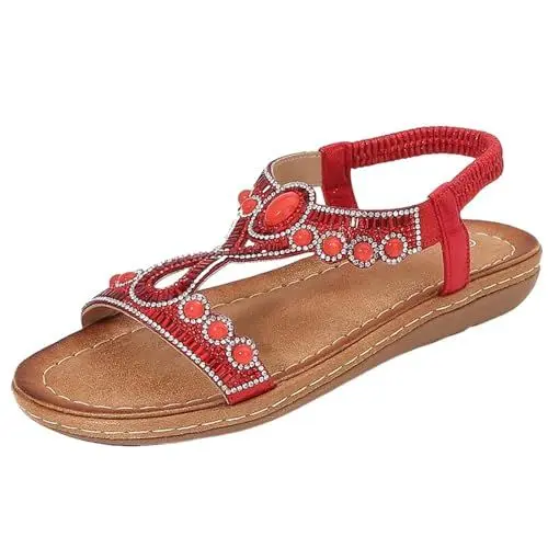 Produktbild: BILIKEYU Sandalen Damen Bequeme Retro Bohemia Ethno Leichte Elegant Elastische Freizeit Flache Rutschfeste Offene Sandaletten Sommerschuhe Strand Urlaub gr 40