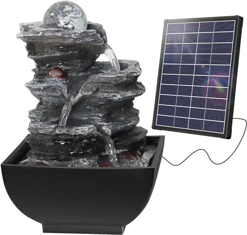 Produktbild: Biling Solar Gartenbrunnen Brunnen Solarbrunnen für Garten Brunnen, 5,5 W 3000mAh Akku Solarbetriebener 3-stufiger Fels Wasserfall Brunnen, Rotierende Kugelfelsen Freistehende Kaskadenbrunnen