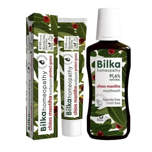 Produktbild: Bilka Homeopathy Chios Mastiha Set - Zahncreme 75ml + Mundspülung 250ml, Natürlicher Zahnfleischschutz mit Plaque Reduzierende Wirkung, Fluoridfrei, Mentholfrei, für täglichen Zahnpflege
