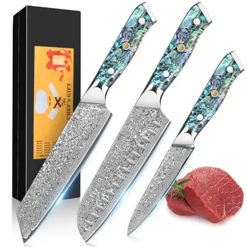 Produktbild: BILLION DUO Damastmesser-Set, Damast Kochmesser Profi Messer, 3-Teilig Scharfes Küchenmesser Messer aus Kiritsuke Messer, Santoku Messer,Allzweckmesser mit Kunstharz &Perlmuttplatten Handgriff