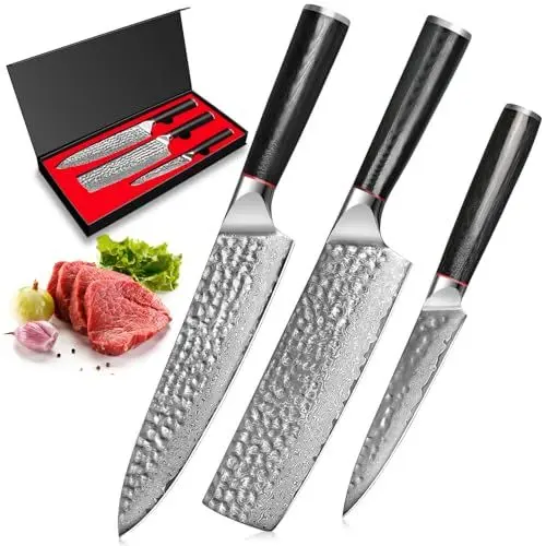 Produktbild: kyushublade Damastmesser Kochmesser set,3-teiliges Küchenmesserset 67 Schicht Damaszener Stahl Küchenmesser Profi Chefmesser Damast Messer mit Pakkawood Griff
