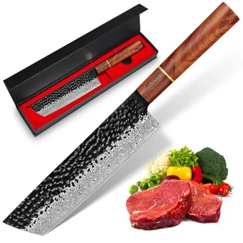 Produktbild: BILLION DUO Damastmesser Nakirimesser 18,3 cm, 67 Schicht VG10 Damaszener Stahl Kochmesser, Profi Fleischmesser, Damast Messer mit Holzgriff - HGBY Serie