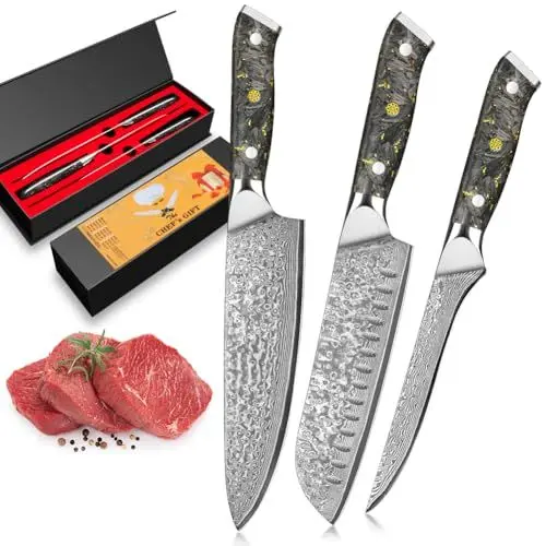 Produktbild: BILLION DUO Damastmesser Set 3-teilig, Profi Kochmesser Damaststahl Küchenmesserset aus Chefmesser und Santokumesser, 67 Schichten Edelstahlkern, einzigartigem Karbonfaser&Blattgold Handgriff