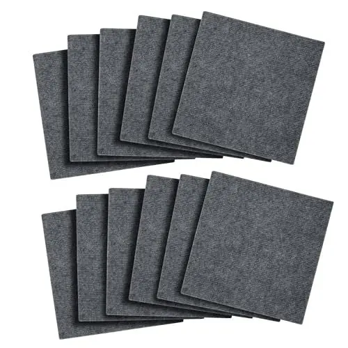 Produktbild: bimiti Teppichfliesen 30 x30 cm Bodenfliesen selbstklebend Carpet tiles strapazierfähiger Teppich Bodenbelag mit Rutschfeste Latex-Unterlage für Haus & Büro, 12 Stück Set, 1 m², Dunkelgrau