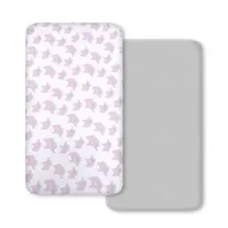 Produktbild: Bimocosy 2er Spannbettlaken aus 100% Twill Baumwolle mit Gummiband für Baby Kinderbett,Elefant Muster, Oeko-TEX Standard 100 Zertifiziert,60x120cm,Rosa,Grau