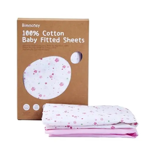 Produktbild: Bimocosy Spannbettlaken Bettlaken 2er Pack，atmungsaktives Spannbetttuch Kinderbett，aus 100% Baumwolle-Twill 60x120cm, Kleine Blüten Muster, Rosa, Oeko-TEX Standard 100 Zertifiziert
