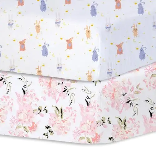 Produktbild: Bimocosy Spannbettlaken Spannbetttücher Laken für Babybetten Kinderbett 60x120 cm, 100% Mikrofaser,Oeko-TEX Standard 100 Zertifiziert,2er Pack,Blumen,Elefant