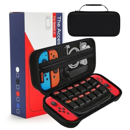Produktbild: binandteam Gaming Tasche für Nintendo Switch 2 Schutzhülle (2025), Hülle Harte Tragetasche mit Handgelenksriemen, Mesh-Fach Case mit Aufbewahrung für 12 Spiele,Konsole und Zubehör - Schwarz