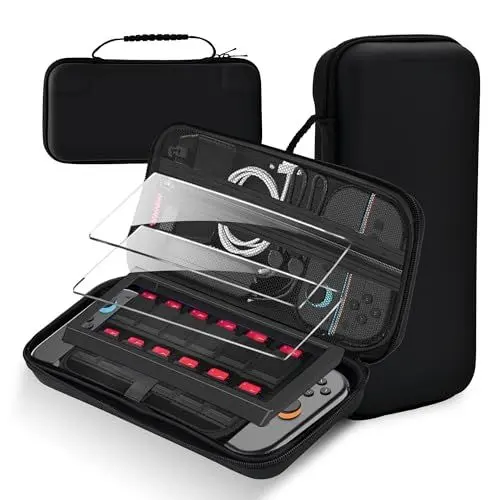 Produktbild: binandteam Schutzhülle Kompatibel mit Nintendo Switch 2 (2025) mit 2 Stück Schutz Glas, Tasche für Harte Tragetasche Mesh-Fach, Hülle mit Aufbewahrung für 12 Spiele,Konsole und Zubehör - Schwarz