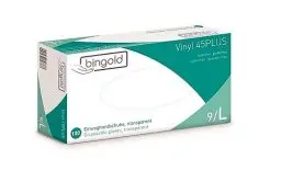 Produktbild: BINGOLD Vinyl 45PLUS Einmalhandschuhe, puderfrei, transparent, unsteril, 240 mm Länge, EN 455 & EN 374 zertifiziert, Kategorie III, latexfrei, für Pflege und Reinigung, 100 Stück