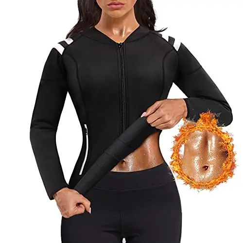Produktbild: Bingrong Damen Sauna Effekt Anzug Taille Waist Trainer Fitness Lange Ärmel Neopren Shirt Abnehmen Training Korsett Bauchweg Schwitzeffekt Schwitzjacke Thermo Body Shaper (Schwarz, Large)