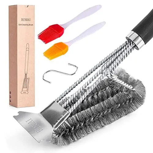 Produktbild: BINHAI Grill-Reinigungsbürste, 1 Grill-Reinigungsbürste und 2 Ölbürsten, robust, 3 Zweige, Edelstahldraht, Grillborstenreiniger