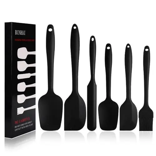 Produktbild: BINHAI Silikon Spatel Set - Schwarz 6-teiliges Antihaft-Gummispatel mit Edelstahlkern Teigschaber - Hitzebeständiges Spatel-Küchenutensilien-Set zum Kochen Backen und Mischen