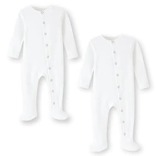 Produktbild: BINIDUCKLING 2er Pack Druckknopf Schlafanzug Mit Fuß, Fäustlings Bündchen, Baumwolle - Langarm Strampler Pyjamas für Jungen Mädchen 9-12 Monate, Weiß