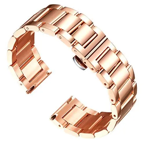 Produktbild: BINLUN Edelstahl Uhrenarmband Ersatzarmband Poliert Metall Uhrenarmbänder Matt Gebürstet Metallarmband für Herren Damen mit Schmetterlingsschnalle(Poliertes Roségold 23mm)