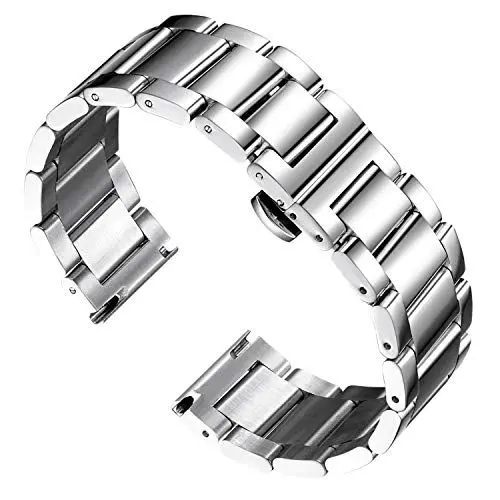 Produktbild: BINLUN Edelstahl Uhrenarmband Ersatzarmband Poliert Metall Uhrenarmbänder Matt Gebürstet Metallarmband für Herren Damen mit Schmetterlingsschnalle(Poliertes Silber 20mm)