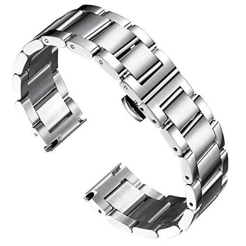 Produktbild: BINLUN Edelstahl Uhrenarmband Ersatzarmband Poliert Metall Uhrenarmbänder Matt Gebürstet Metallarmband für Herren Damen mit Schmetterlingsschnalle(Halbbürste Silber 26mm)