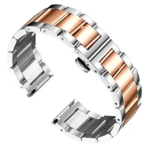 Produktbild: BINLUN Edelstahl Uhrenarmband Ersatzarmband Poliert Metall Uhrenarmbänder Matt Gebürstet Metallarmband für Herren Damen mit Schmetterlingsschnalle(Poliertes Silber und Roségold 18mm)