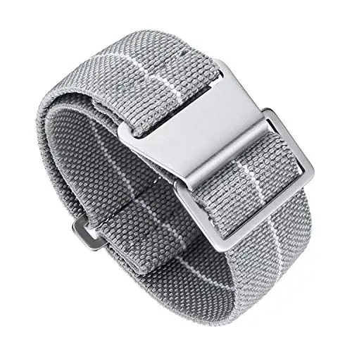 Produktbild: BINLUN Nylon Uhrenarmband Elastic Marinetaucher Fabric Nylon-Armbänder Stoff Militär Ersatz-armband Uhr Hakenverschluss Damen&Herren 18/20/22mm(Grau-weiß，Silberne Schnalle,20mm)