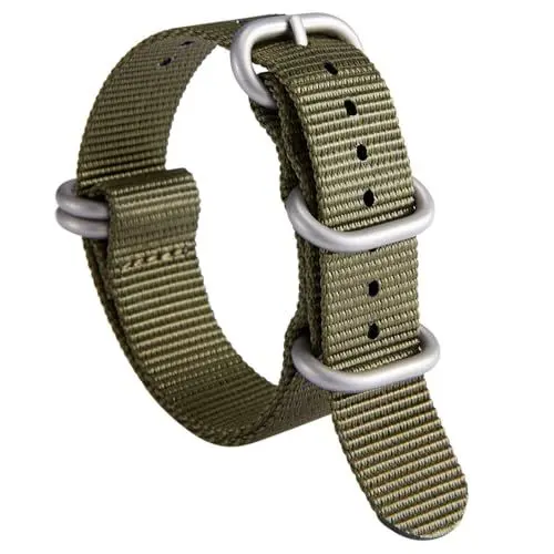 Produktbild: BINLUN Uhrenarmband Nylon Dickes G10 Premium Ballistic Ersatz Armband Mehrfarbige Bänder für Herren Damen mit Heavy Duty 5 Ringe(22mm, Grünes Band Silber Schnalle)