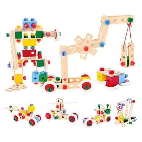 Produktbild: Bino Baukasten im Eimer, Spielzeug für Kinder ab 3 Jahre, Kinderspielzeug (Konstruktionsspielzeug, 120 teilig, zum Bauen von allerlei Konstruktionen, Motorikspielzeug aus Holz), Mehrfarbig