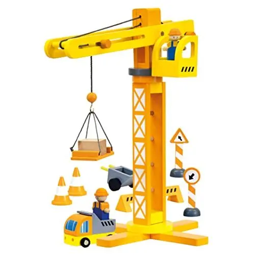 Produktbild: Bino Holz-Baukran, Spielzeug für Kinder ab 3 Jahre, Motorikspielzeug, Kinderspielzeug (Holzspielzeug inklusive Baustellen-Zubehör, realitätsnah & langlebig, regt Kreativität & Fantasie an), Gelb