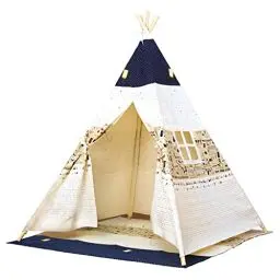 Produktbild: Bino Spielzelt TeePee, Zelt Kinderzimmer (Kinder Tipi Zelt, Spielhaus für Kinder ab 3 Jahre, Drinnen & Draußen geeignet, bedruckt mit Indianer Motiven, Größe 120x120x150 cm), blau-beige