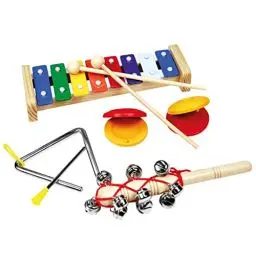 Produktbild: Bino world of toys Musikset Kinder Musik Instrumenten-Set aus Holz und Metall Spielzeug für Kinder ab 3 Jahre (4-Teilig, inkl.: Xylophon, Schlägel, Schellenstab, Triangel und Kastagnette), Bunt