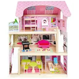 Produktbild: Bino world of toys Puppenhaus mit Balkon, Spielzeug für Kleinkinder ab 3 Jahren, mit 3 Etagen, Treppen, 4 Zimmern und Balkon inkl. 15-TLG. Zubehör, zur Förderung kindlicher Fähigkeiten, Rosa-Design