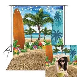 Produktbild: BINQOO 1,5 x 2,1 m Strandkulisse Sommer Hawaii Meer Surfbrett Tropische Palmen Fotografie Hintergrund Hochzeit Strand Party Studio Requisiten