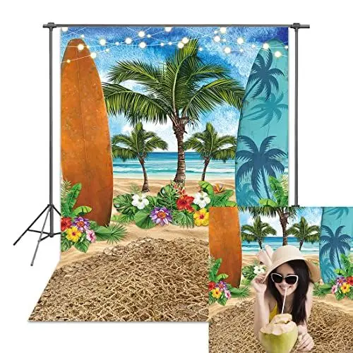 Produktbild: BINQOO 1,5 x 2,1 m Strandkulisse Sommer Hawaii Meer Surfbrett Tropische Palmen Fotografie Hintergrund Hochzeit Strand Party Studio Requisiten