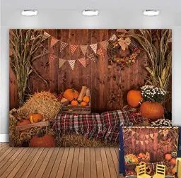 Produktbild: BINQOO 2,1 x 1,5 m Herbst Thanksgiving Fotografie Hintergrund Rustikal Holzboden Scheune Ernte Hintergrund Herbst Kürbisse Ahornblätter Sonnenblume Baby Portrait Party Dekoration Foto Studio