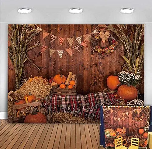 Produktbild: BINQOO 2,1 x 1,5 m Herbst Thanksgiving Fotografie Hintergrund Rustikal Holzboden Scheune Ernte Hintergrund Herbst Kürbisse Ahornblätter Sonnenblume Baby Portrait Party Dekoration Foto Studio
