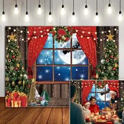 Produktbild: BINQOO 2,1 x 1,5 m Weihnachten Roter Vorhang Hintergrund Vollmond Sternenhimmel Schlitten Rentier Hintergrund Funkeln Weihnachtsbaum Frohes Neues Jahr Geschenke Fotoshooting Fotostudio Requisiten