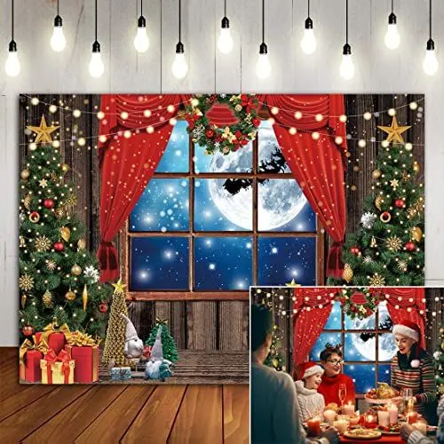 Produktbild: BINQOO 2,1 x 1,5 m Weihnachten Roter Vorhang Hintergrund Vollmond Sternenhimmel Schlitten Rentier Hintergrund Funkeln Weihnachtsbaum Frohes Neues Jahr Geschenke Fotoshooting Fotostudio Requisiten