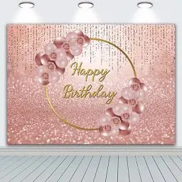 Produktbild: BINQOO 7x5FT Geburtstag Hintergrund Rosa Rose Gold Ballon Gold Ring Blumen Hintergründe Fotografie Queen Frauen Süße Prinzessin Mädchen 16. 18. Geburtstag Party