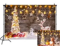 Produktbild: BINQOO 7x5ft Holz Weihnachtshintergrund für Fotografie Winter Schnee Frohe Weihnachtsbaum Hintergrund Weihnachten Hirsch Bokeh Sterne Foto Hintergrund Urlaub Kinder Kinder Studio Requisiten Breite