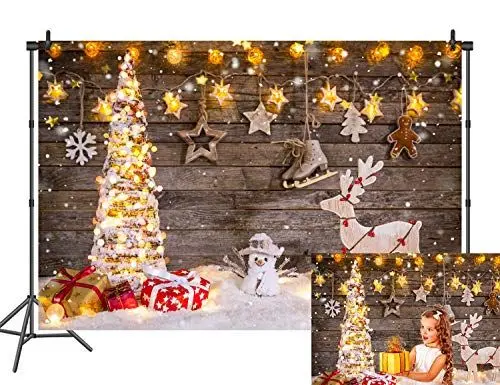 Produktbild: BINQOO 7x5ft Holz Weihnachtshintergrund für Fotografie Winter Schnee Frohe Weihnachtsbaum Hintergrund Weihnachten Hirsch Bokeh Sterne Foto Hintergrund Urlaub Kinder Kinder Studio Requisiten Breite
