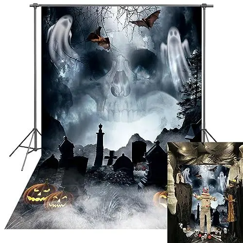 Produktbild: BINQOO Totenkopf Halloween Dark Night Mist Hintergrund Textur Schwarz Weiß Einöster Friedhof Geist Kürbis Laterne Hintergrund Fledermaus Toter Baum Kind Erwachsene Horror Party 1,5 x 2,8 m