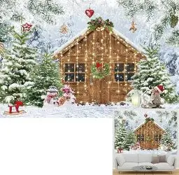 Produktbild: BINQOO Weihnachtshütte aus Holz, Waldhintergrund, Schneeflocke, Winterbaum, Familie, Outdoor, Weihnachten, Urlaub, Hintergrund, leuchtende Scheune, Schnee, Fotostudio-Kabine, 2,1 x 1,5 m