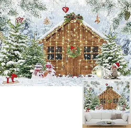 Produktbild: BINQOO Weihnachtshütte aus Holz, Waldhintergrund, Schneeflocke, Winterbaum, Familie, Outdoor, Weihnachten, Urlaub, Hintergrund, leuchtende Scheune, Schnee, Fotostudio-Kabine, 2,1 x 1,5 m
