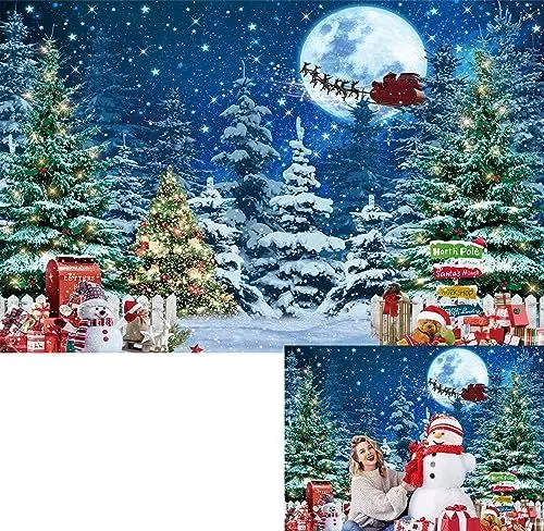 Produktbild: BINQOO Weihnachtsabend Wald Schnee Szene Hintergrund Winter Kiefer Natur Landschaft Hintergrund Familie Xmas Schlitten Vollmond Nacht Party (blau, 2,1 x 1,5 m)