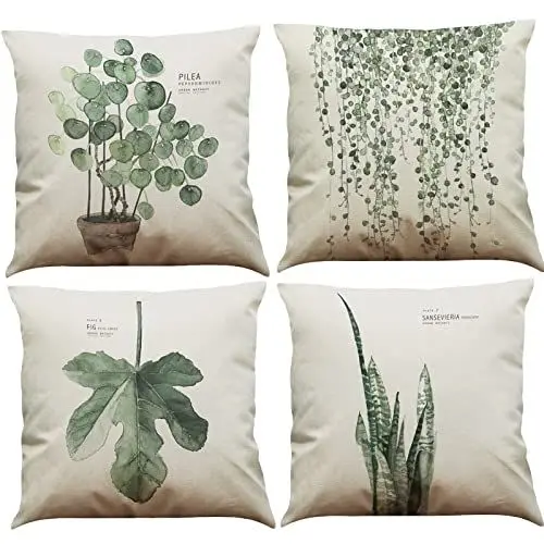 Produktbild: BINXWA 4 Stück Kissenbezug 45x45,Grünes Blatt Thema Deko Kissenbezug Baumwolle Leinen Kissenhülle Sofa Kissenbezug Outdoor Garten deko