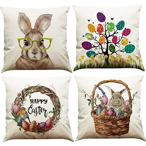 Produktbild: BINXWA 4 Stück Kissenbezug Ostern,Osterdeko Modern Kissenbezug Baumwolle Leinen Ostereier Häschen Kissenhülle Kissenbezug 45 x 45 cm