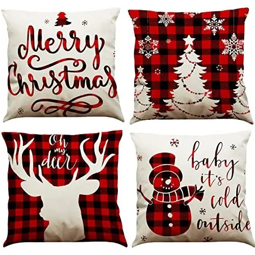 Produktbild: BINXWA 4 Stück Kissenbezug Weihnachten,Kissenbezug Frohe Weihnachten Rot deko Kissenbezug Baumwolle Leinen weihnachtsdeko Kissenbezug 45x45cm