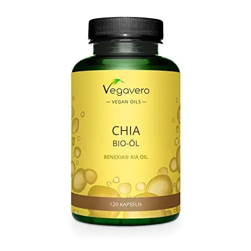 Produktbild: BIO Chia Öl Kapseln | 840 mg Omega 3 VEGAN - Ohne Gelatine | Bio Chia Samen aus Chile | PREMIUM: Bio-Rohstoff Benexia® | Omega 3 6 9 | Laborgeprüft | Ohne Zusatzstoffe | Deutsche Produktion Vegavero®