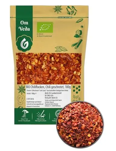 Produktbild: BIO Chili geschrotet mit Saat 100g | SEHR SCHARF Chiliflocken getrocknet | Chilli Chilies Chilis für Mühle | Organic Bio-Qualität DE-ÖKO-039 | Chilli Flakes | OmVeda (100G)