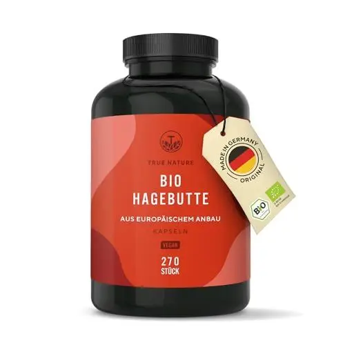 Produktbild: BIO HAGEBUTTEN Kapseln hochdosiert - EU Anbau - 3900mg Hagebuttenpulver BIO - 270 Kapseln - reine getrocknete Hagebutte - Ballaststoffreich - Bio Hagebuttenkapseln vegan & hochdosiert - TRUE NATURE®