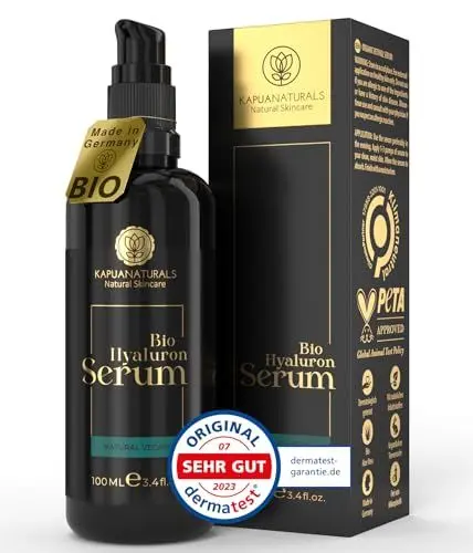 Produktbild: BIO Hyaluron Serum hochdosiert • 100ml +Vit E & B5 • 7-Fach Hyaluronsäure Serum Gesicht ✓100% Vegan&BIO ✓Anti-Aging Konzentrat ✓ Anti Falten Serum Naturkosmetik ✓Made in Germany ✓Hyaluronic Acid Serum