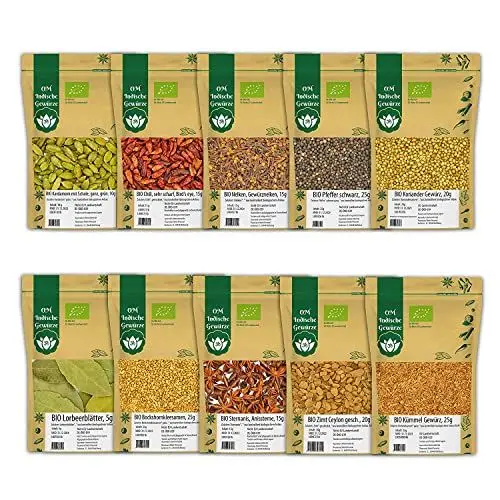 Produktbild: BIO Indische Gewürze 10er STARTER SET 2 - Indische Küche - Kardamom, Bockshornklee, Gewürznelken, Kümmel, Koriander, Sternanis, Lorbeerblätter, Chili, Zimt, Pfeffer